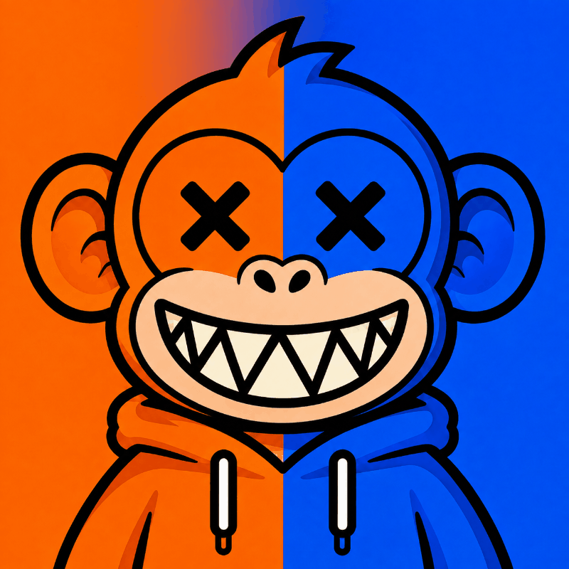 Chaos Chimp, split orange and blue, wearing a hoodie